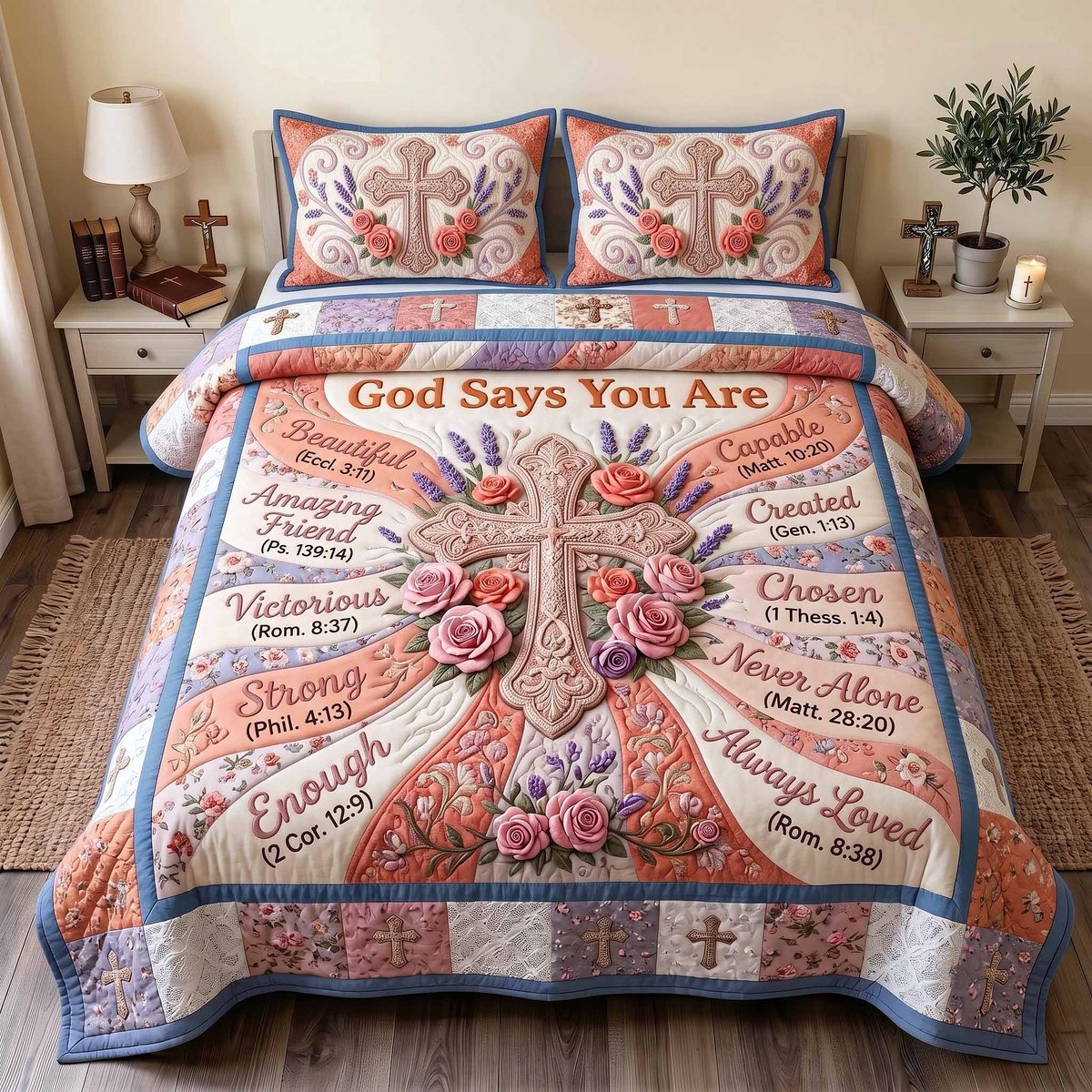 Floral Bible 3 Piece Quilted Bedding Set Gift For Christians