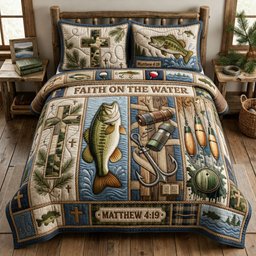 Camo Cross Fishing 3 Piece Quilted Bedding Set Gift For Fishing Lovers