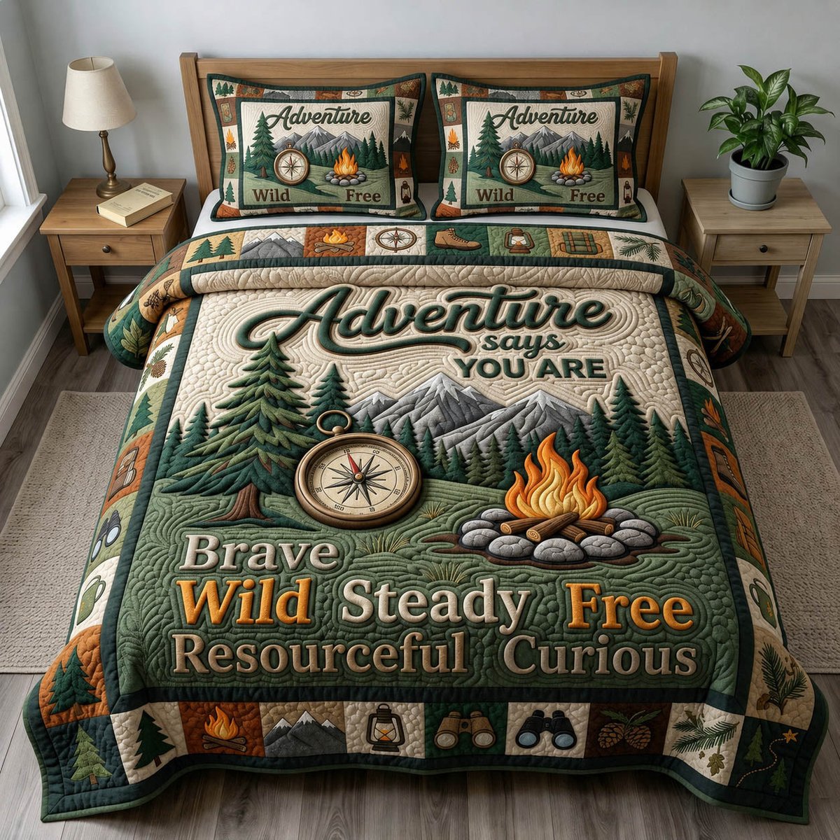 Camping Life 3 Piece Quilted Bedding Set Gift For Campers