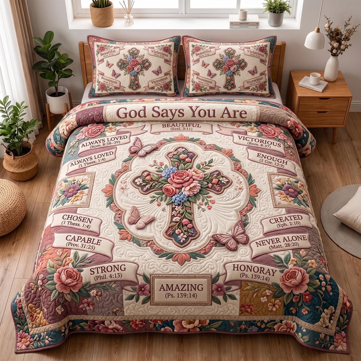 Floral Bible 3 Piece Quilted Bedding Set Gift For Christians
