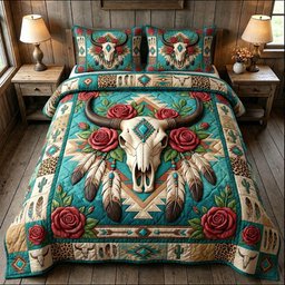 Longhorn Skull 3 Piece Quilted Bedding Set Gift For Western Lovers