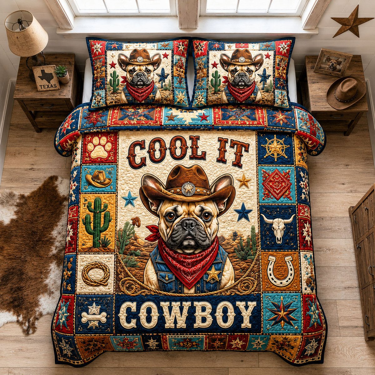 French Bulldog Cowboy Pup Star 3 Piece Quilted Bedding Set Gift For Dog Lovers