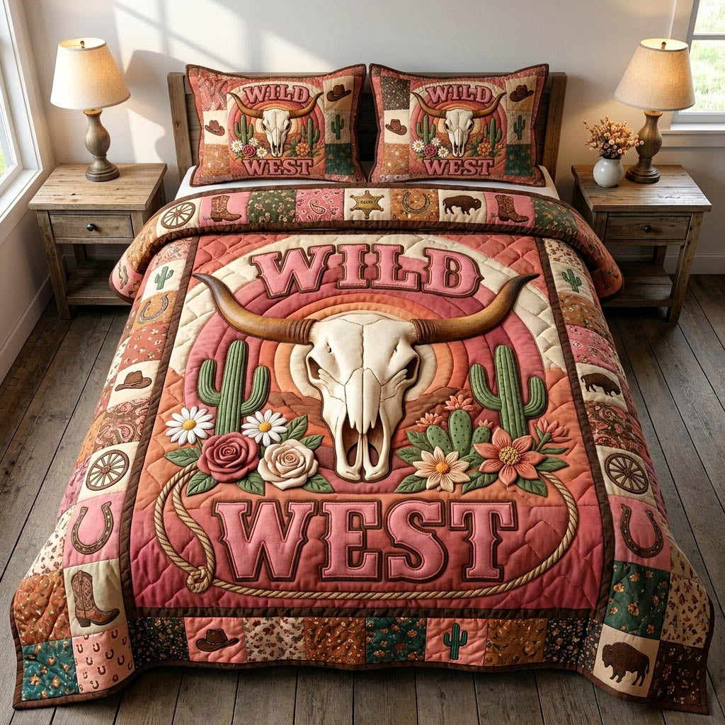 Longhorn Skull 3 Piece Quilted Bedding Set Gift For Western Lovers