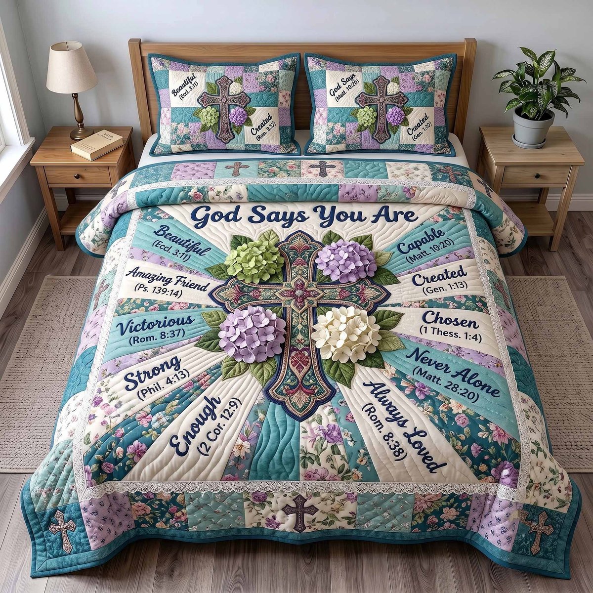 Floral Bible 3 Piece Quilted Bedding Set Gift For Christians