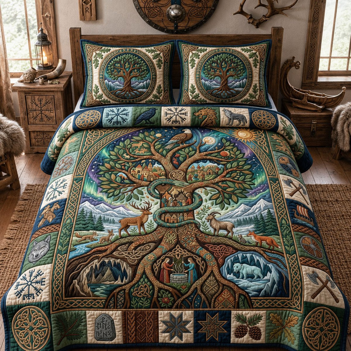 Yggdrasil World Tree Bear 3 Piece Quilted Bedding Set Gift For Wolf Lovers
