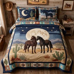Moonlit Desert Pair Horse 3 Piece Quilted Bedding Set Gift For Horse Lovers