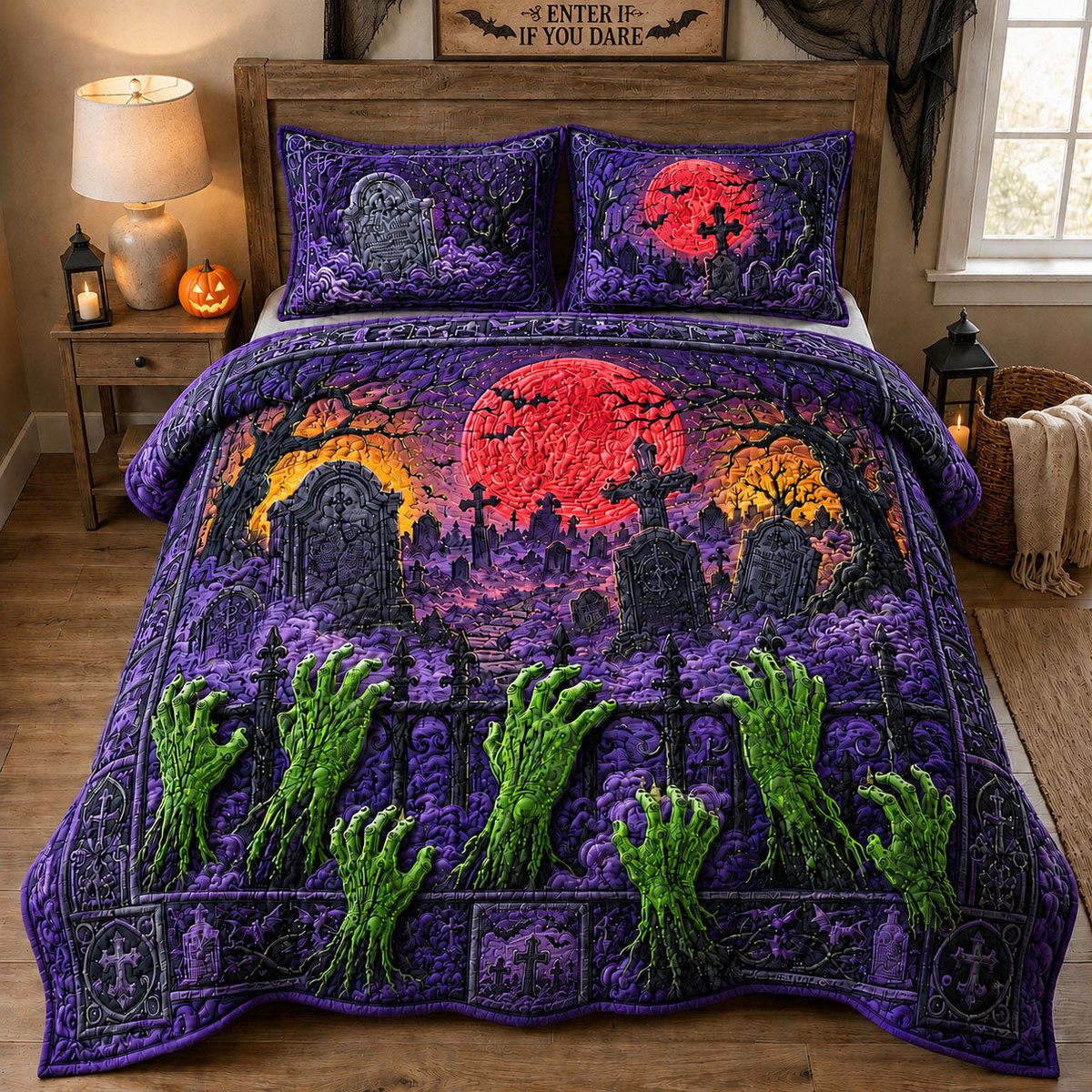 Zombie Hands Graveyard Sunset 3 Piece Quilted Bedding Set Gift For Nature Lovers