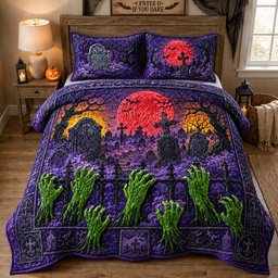 Zombie Hands Graveyard Sunset 3 Piece Quilted Bedding Set Gift For Nature Lovers