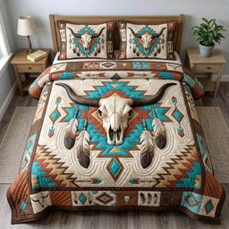 Longhorn Skull 3 Piece Quilted Bedding Set Gift For Western Lovers