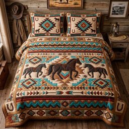 Tribal Horse Herd 3 Piece Quilted Bedding Set Gift For Horse Lovers