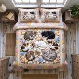 Whiskers Garden Cat 3 Piece Quilted Bedding Set Gift For Flower Lovers