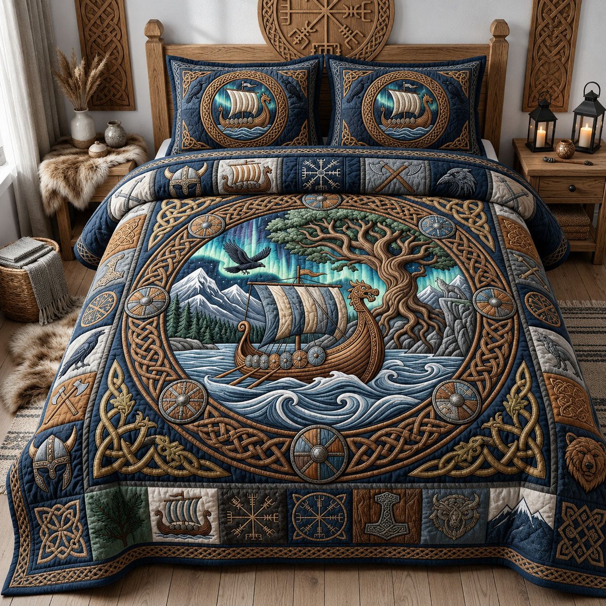 Viking Longship Bear 3 Piece Quilted Bedding Set Gift For Wolf Lovers
