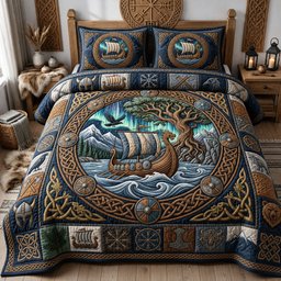 Viking Longship Bear 3 Piece Quilted Bedding Set Gift For Wolf Lovers