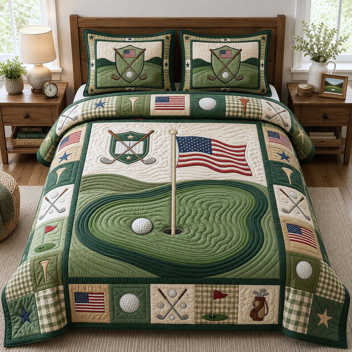 America Golf Club 3 Piece Quilted Bedding Set Gift For Sports Fans