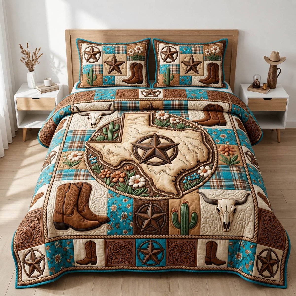 Western Cowboy 3 Piece Quilted Bedding Set Gift For Western Lovers