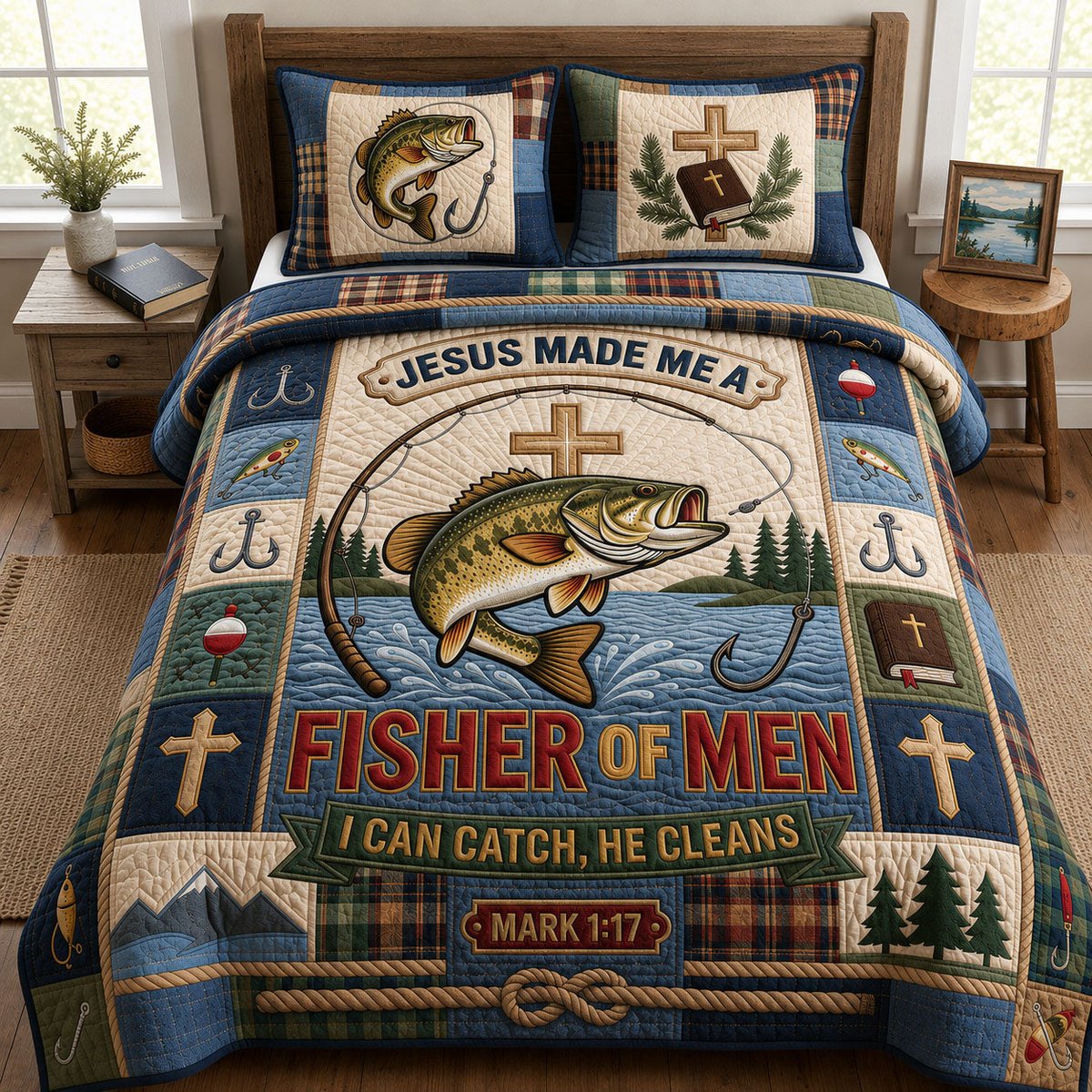 Fisher of Men Fishing 3 Piece Quilted Bedding Set Gift For Hunters