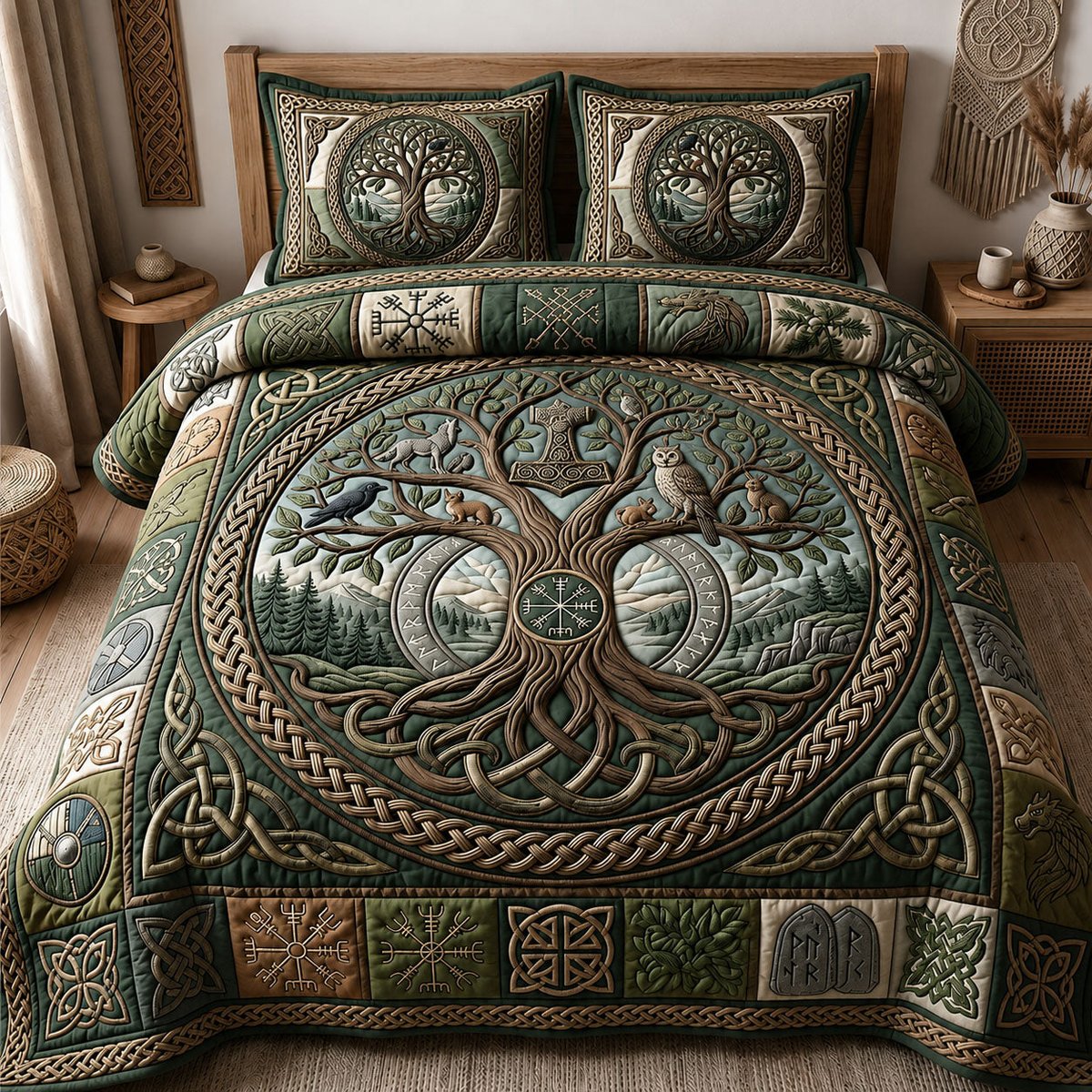 Norse World Tree Bear 3 Piece Quilted Bedding Set Gift For Wolf Lovers