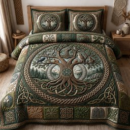 Norse World Tree Bear 3 Piece Quilted Bedding Set Gift For Wolf Lovers