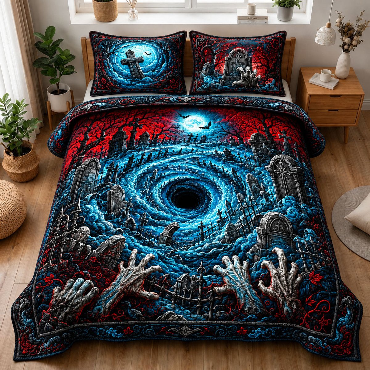 Zombie Hands Graveyard 3 Piece Quilted Bedding Set Gift For Cat Lovers