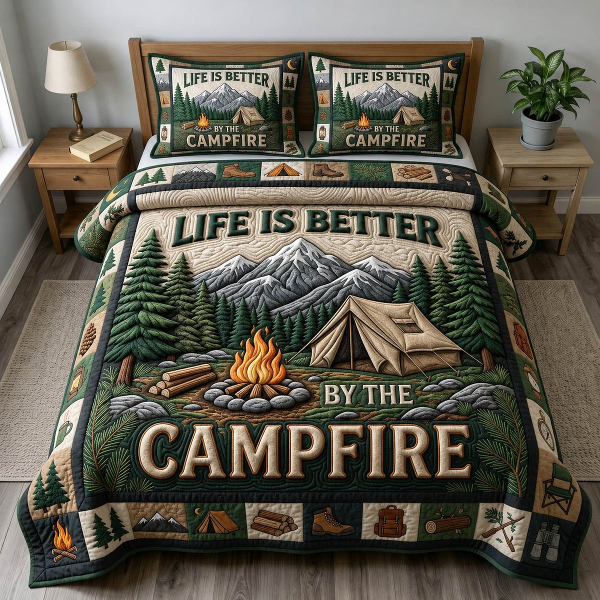 Camping Life 3 Piece Quilted Bedding Set Gift For Campers