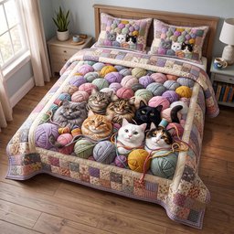 Woolly Whiskers Cat 3 Piece Quilted Bedding Set Gift For Cat Lovers