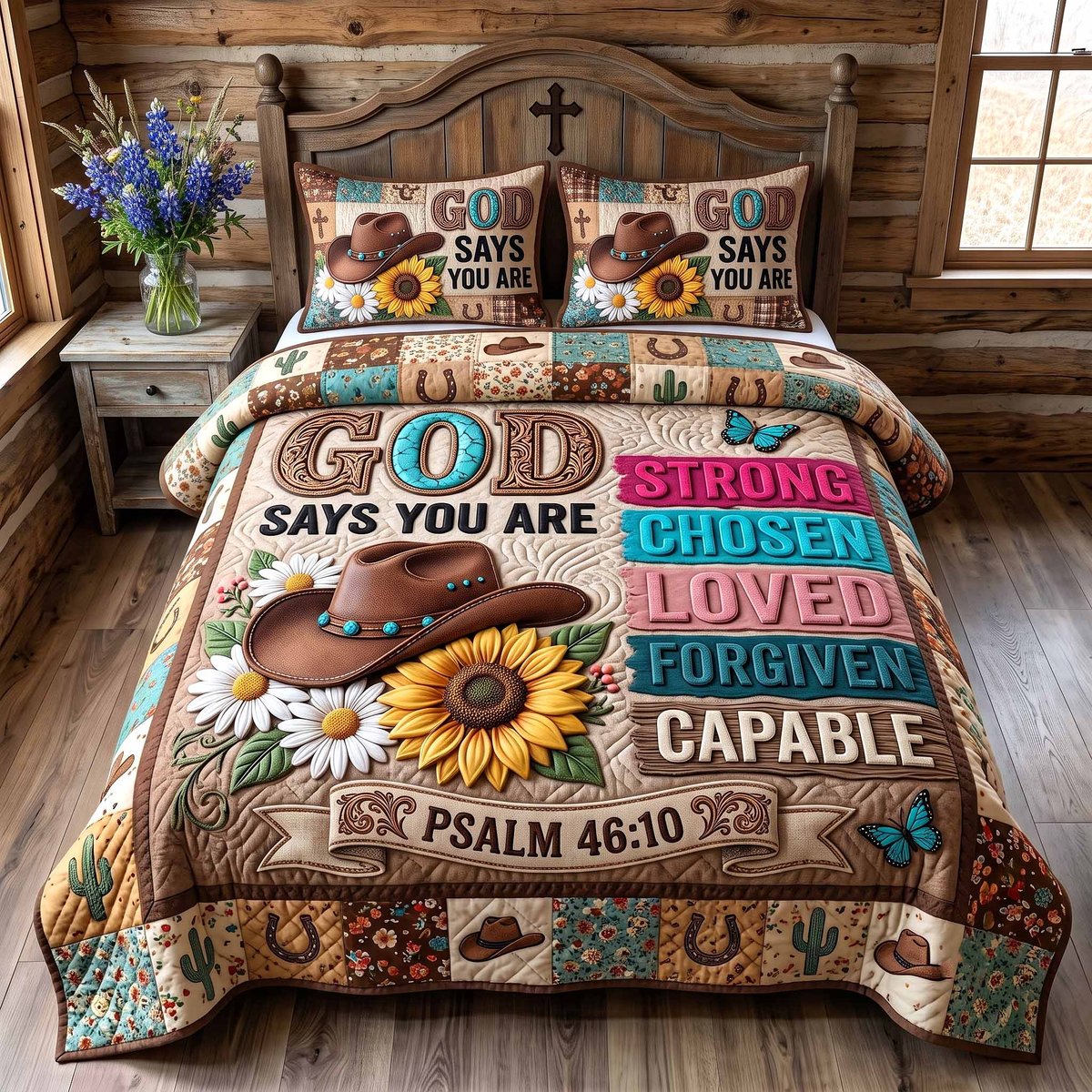 Western Grace Christian 3 Piece Quilted Bedding Set Gift For Western Lovers