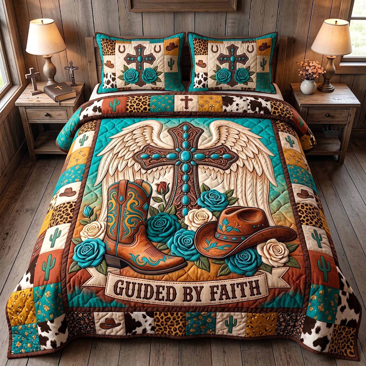 Western Grace Christian 3 Piece Quilted Bedding Set Gift For Western Lovers