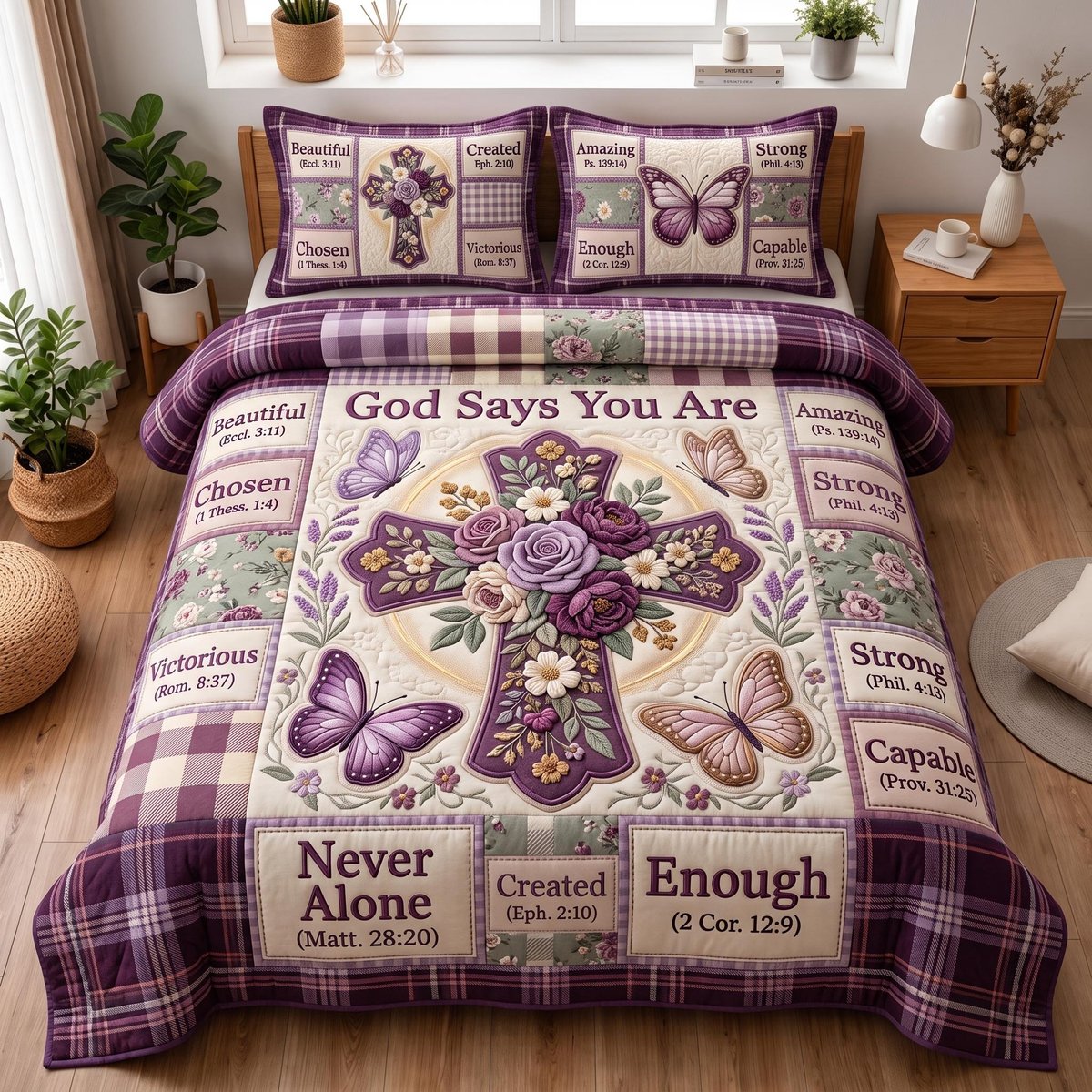 Floral Bible 3 Piece Quilted Bedding Set Gift For Christians