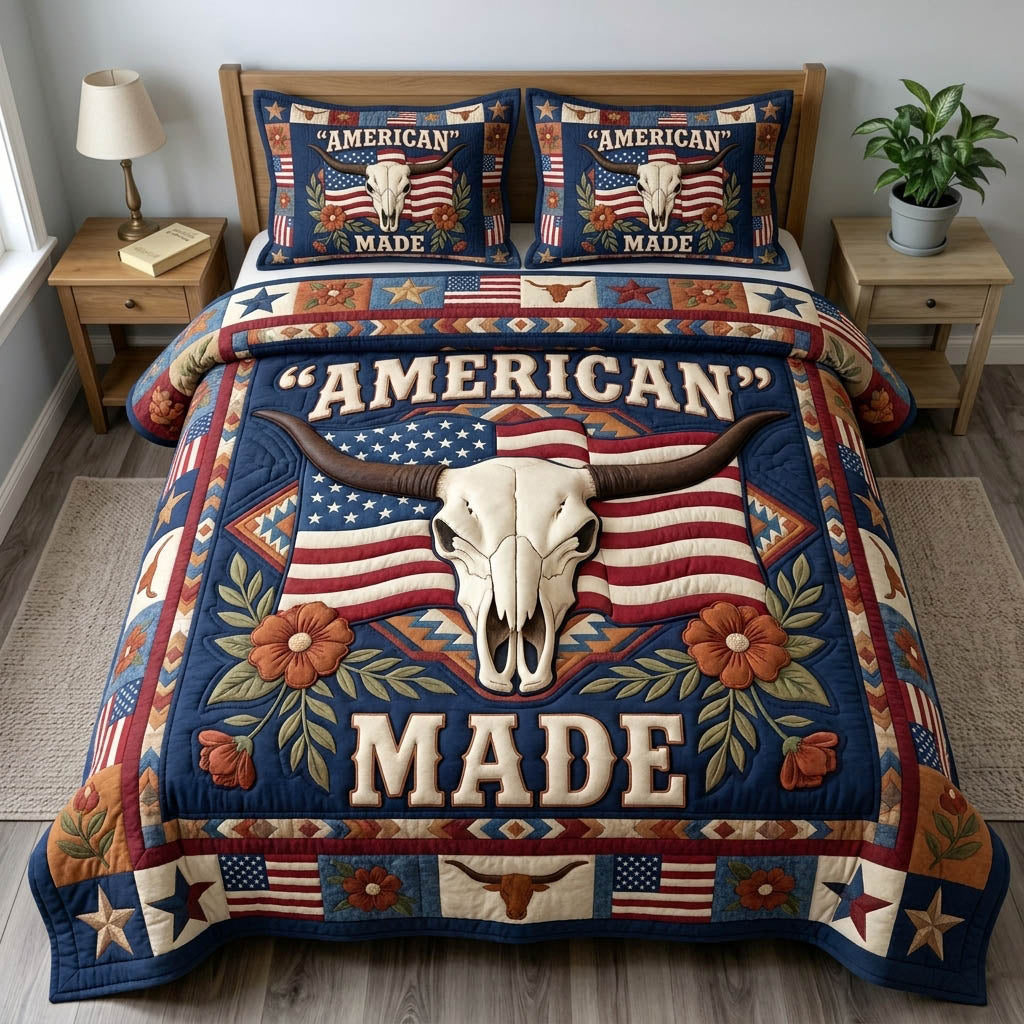 Longhorn Skull 3 Piece Quilted Bedding Set Gift For Western Lovers