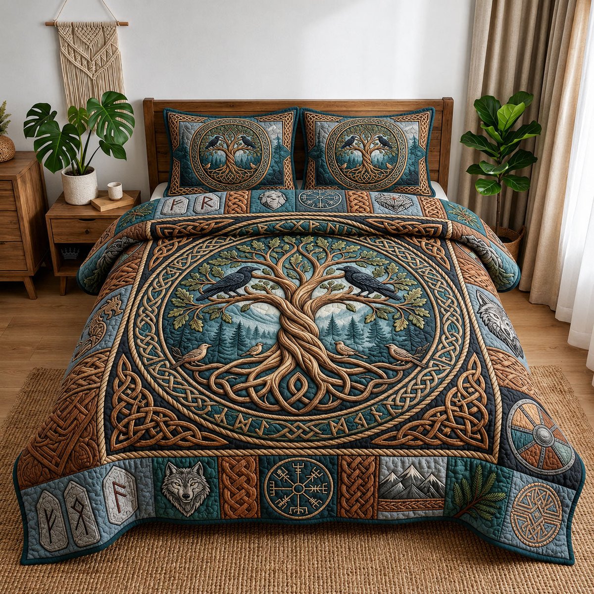 Yggdrasil Bear 3 Piece Quilted Bedding Set Gift For Wolf Lovers