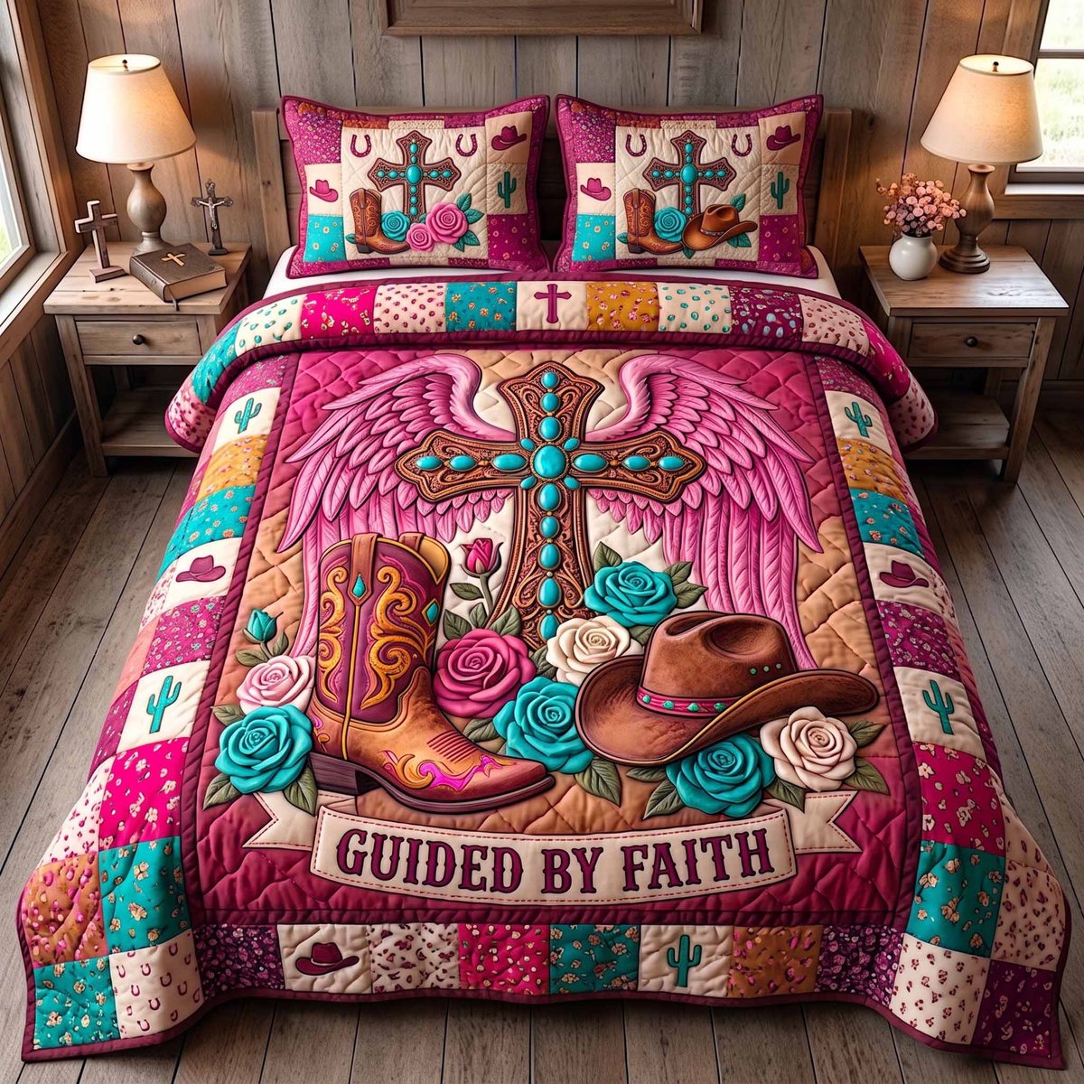 Western Grace Christian 3 Piece Quilted Bedding Set Gift For Western Lovers