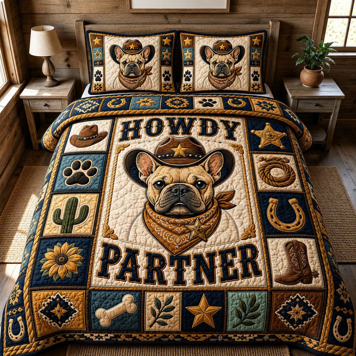 French Bulldog Howdy Partner Pup 3 Piece Quilted Bedding Set Gift For Dog Lovers