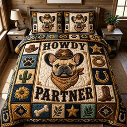 French Bulldog Howdy Partner Pup 3 Piece Quilted Bedding Set Gift For Dog Lovers