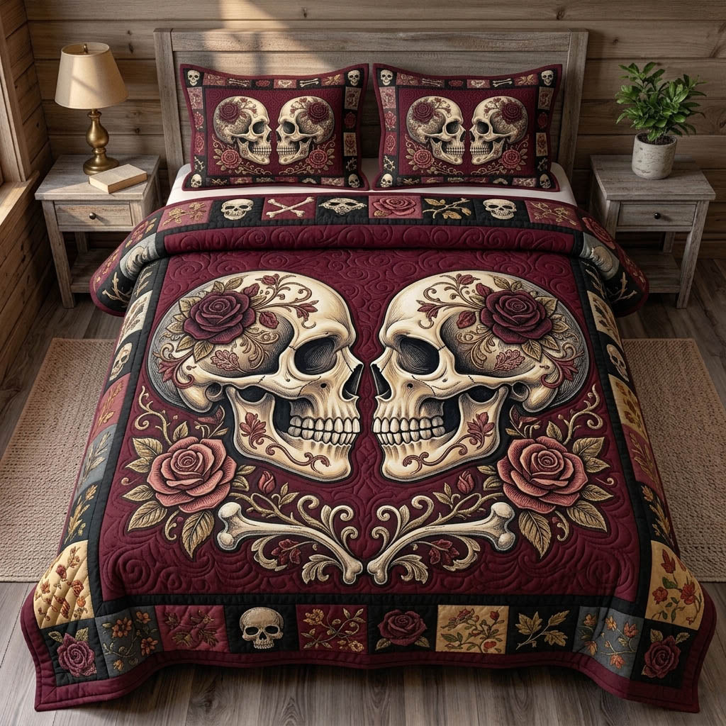 Haunted Skeleton 3 Piece Quilted Bedding Set Halloween Gift For Gothic Decor Lovers