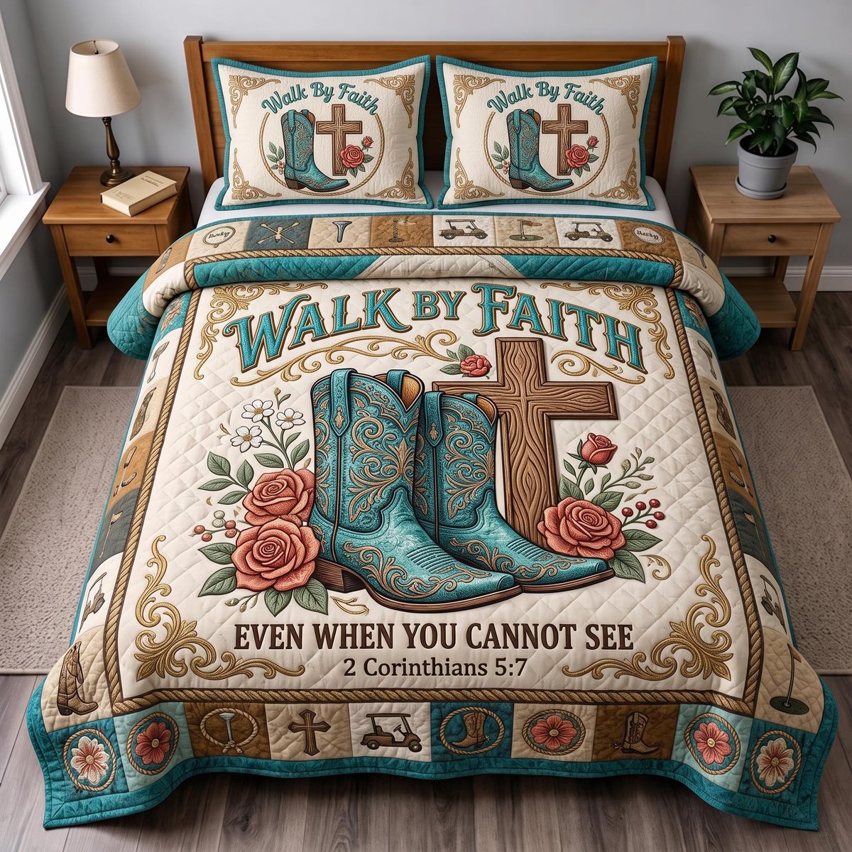 Faith Frontier Christian 3 Piece Quilted Bedding Set Gift For Christians