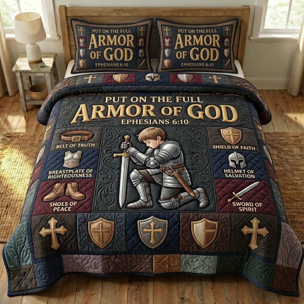Armor of God Christian 3 Piece Quilted Bedding Set Gift For Christians