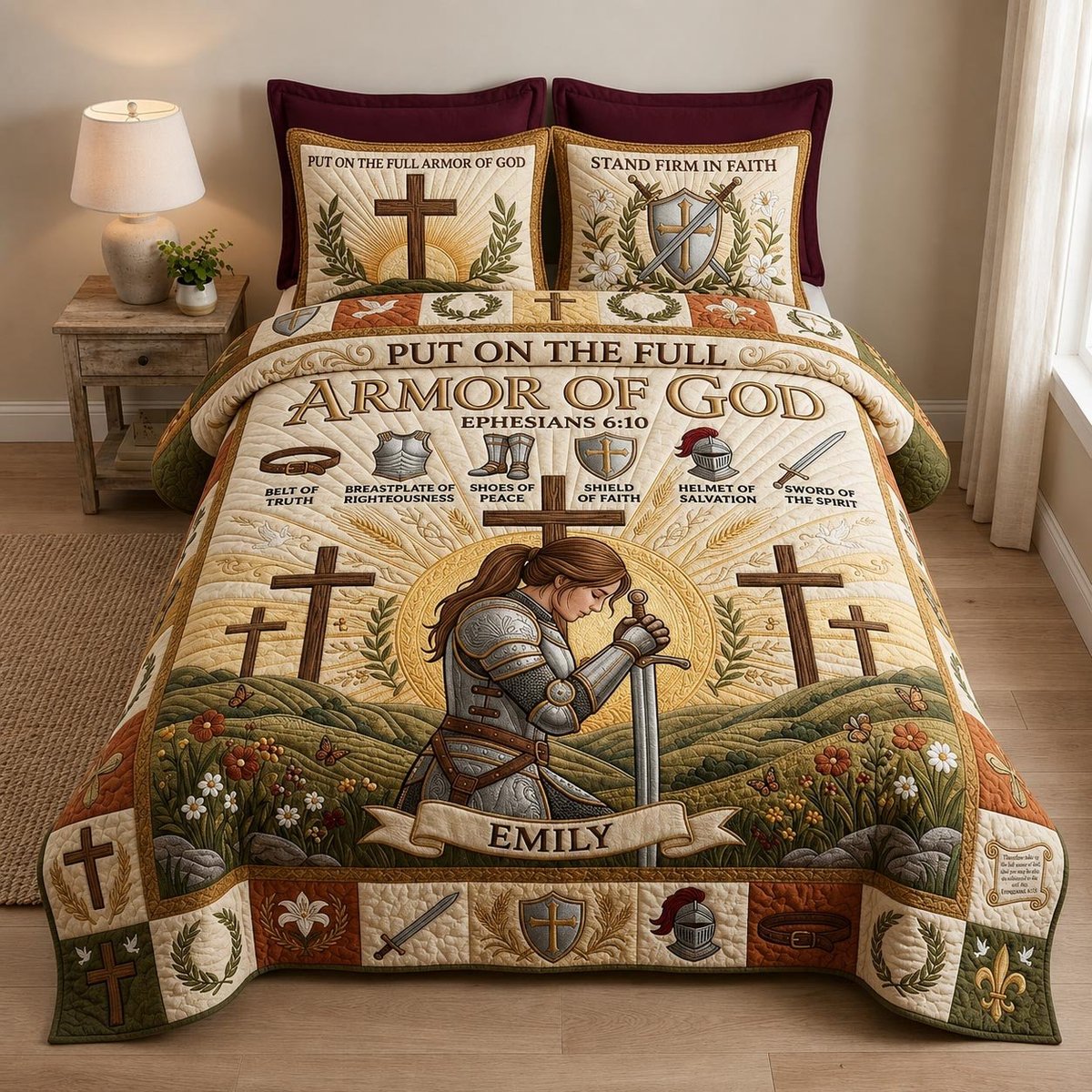 Full Armor of God 3 Piece Quilted Bedding Set Gift For Christians