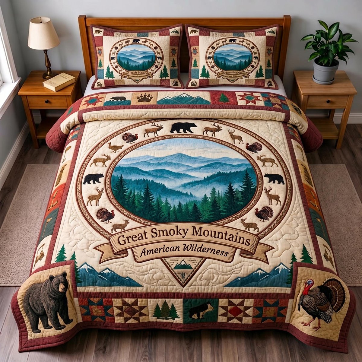Great Smoky Mountains 3 Piece Quilted Bedding Set Gift For Nature Lovers