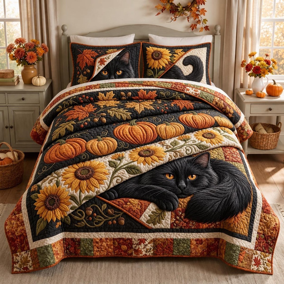 Autumn Whiskers 3 Piece Quilted Bedding Set Gift For Cat Lovers