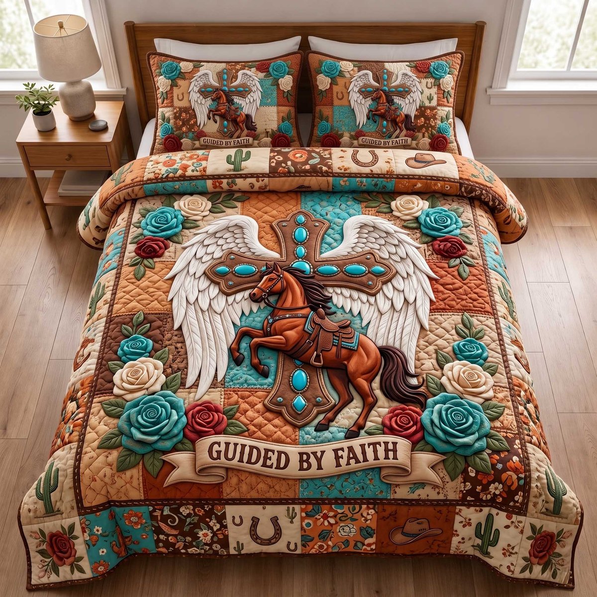 Western Grace Christian 3 Piece Quilted Bedding Set Gift For Western Lovers