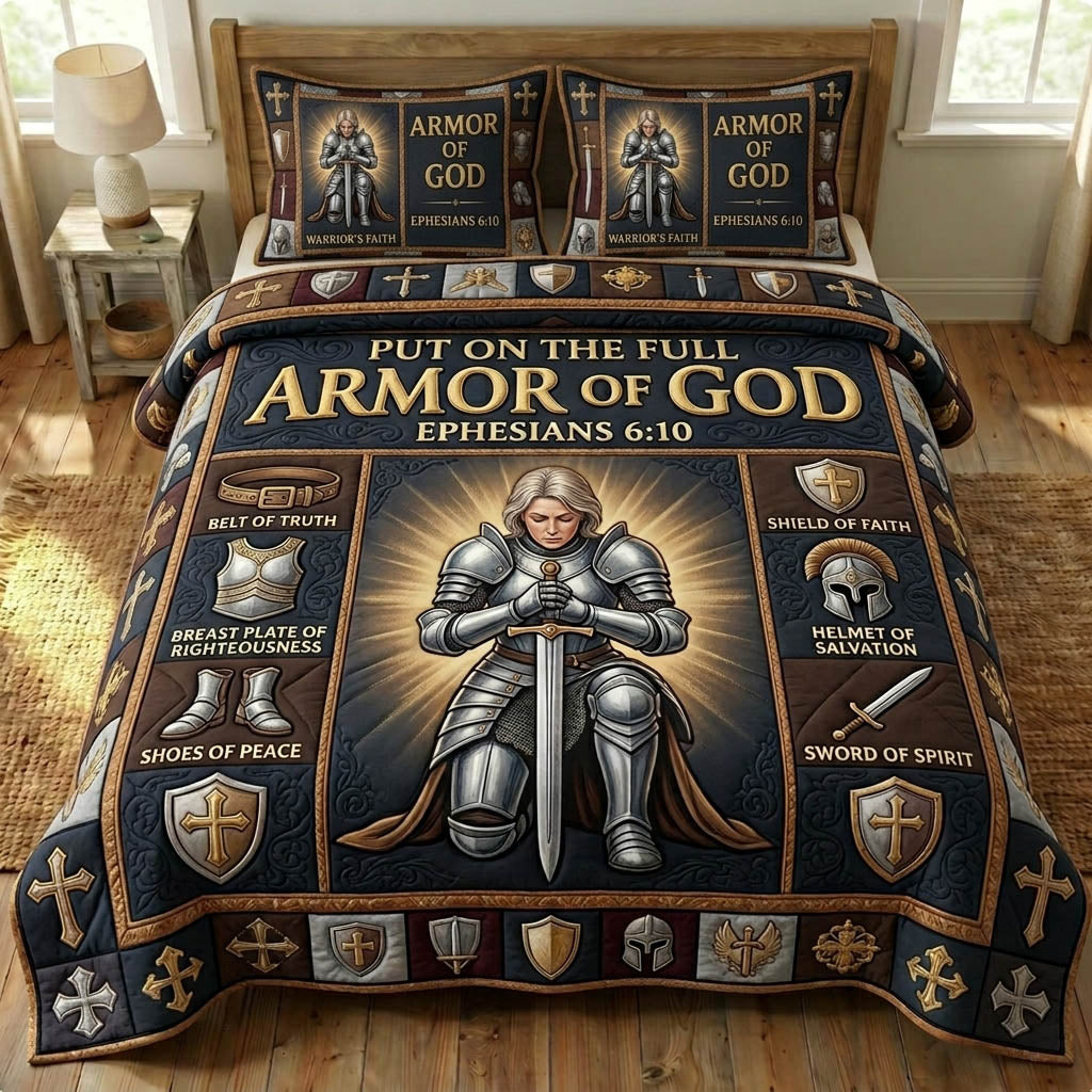 Armor of God Christian 3 Piece Quilted Bedding Set Gift For Christians
