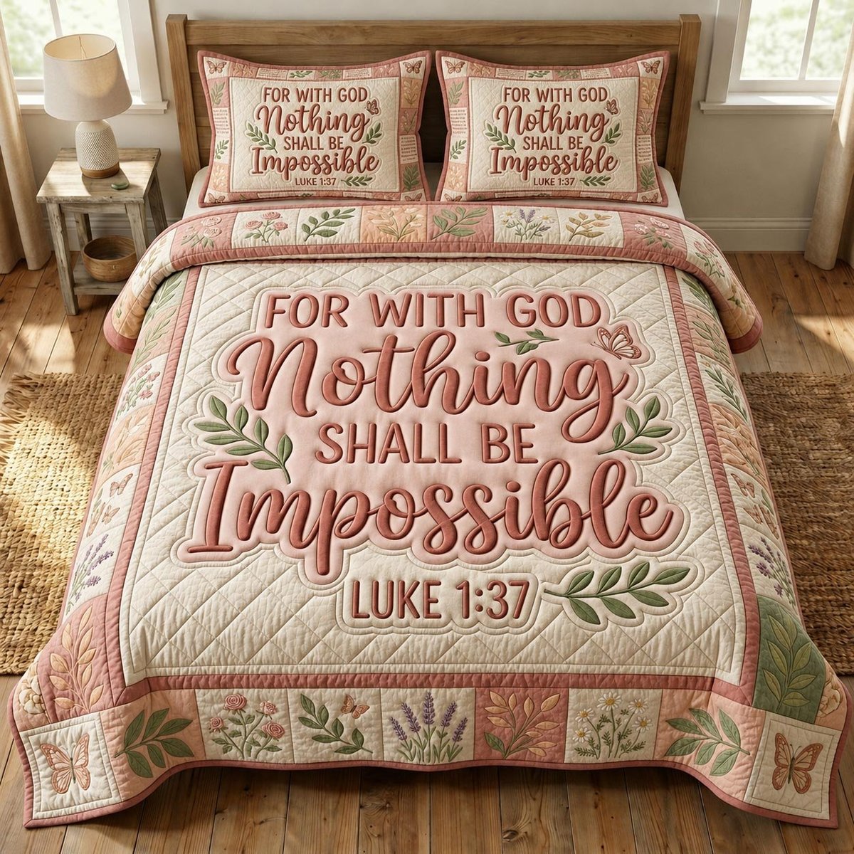 Floral Bible 3 Piece Quilted Bedding Set Gift For Christians