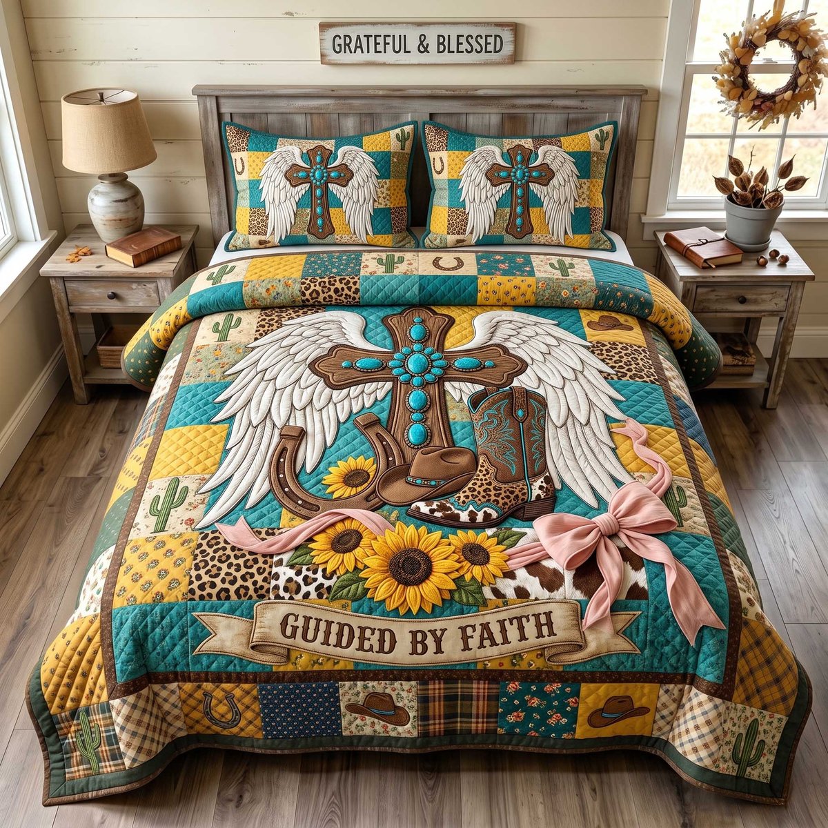 Western Grace Christian 3 Piece Quilted Bedding Set Gift For Western Lovers