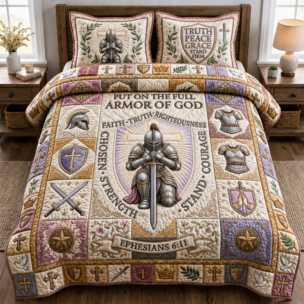 Woman Armor of God 3 Piece Quilted Bedding Set Gift For Christians
