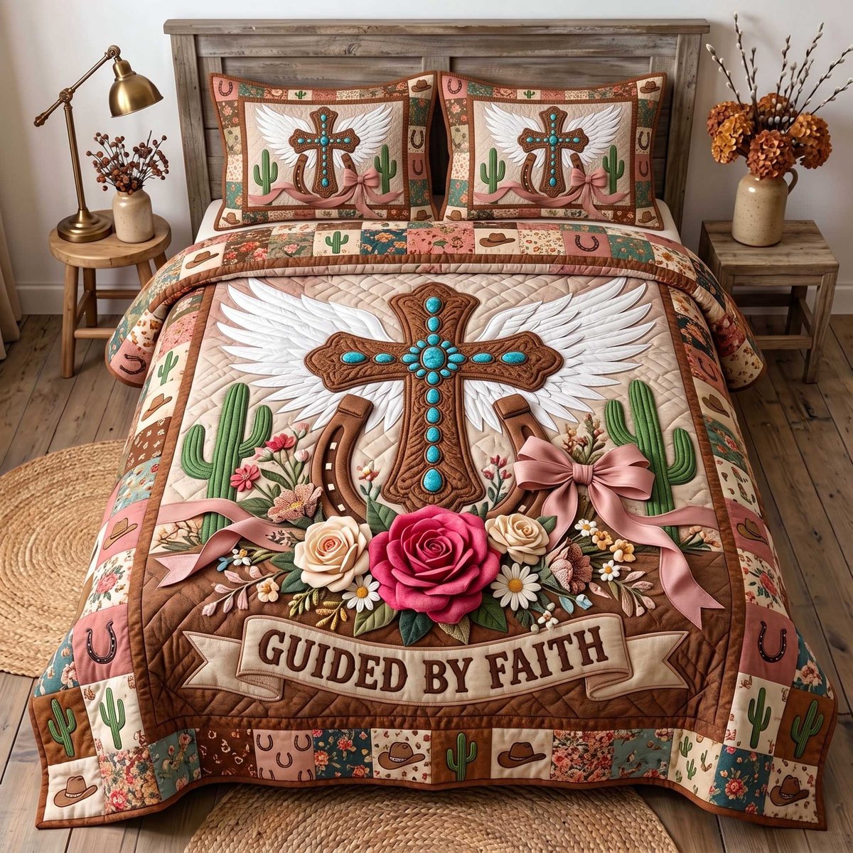 Western Grace Christian 3 Piece Quilted Bedding Set Gift For Western Lovers