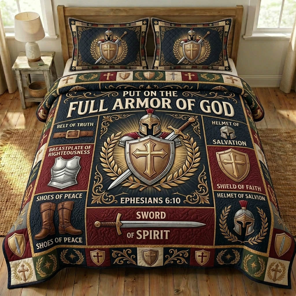 Armor of God Christian 3 Piece Quilted Bedding Set Gift For Christians