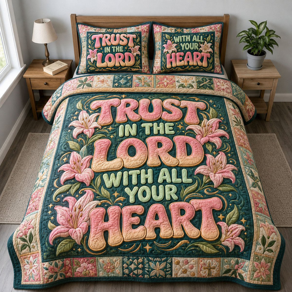 Pink Lily Christian Trust in the Lord 3 Piece Quilted Bedding Set Gift For Christians