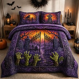 Zombie Hands Graveyard Sunset 3 Piece Quilted Bedding Set Gift For Nature Lovers