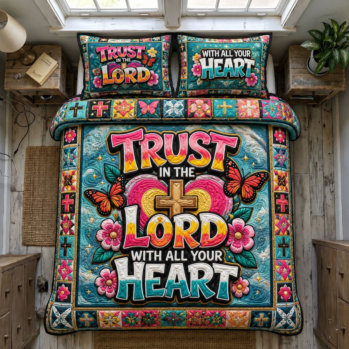 Trust in the Lord with All Your Heart 3 Piece Quilted Bedding Set Gift For Christians