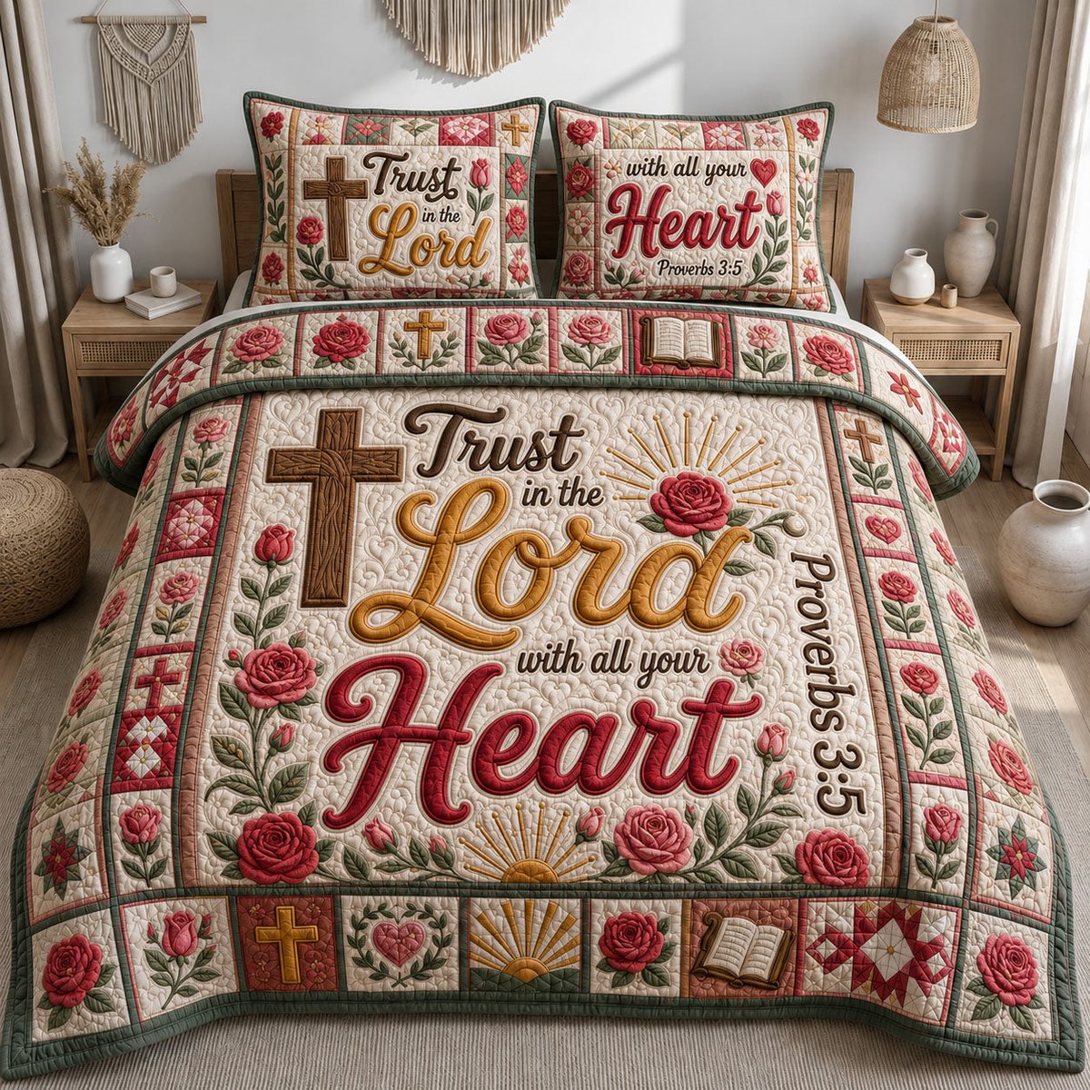 Trust in the Lord with All Your Heart 3 Piece Quilted Bedding Set Gift For Christians